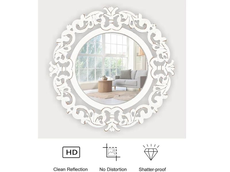 16" White Antique Round Mirror &ndash; Hand-Carved Rustic Farmhouse Accent