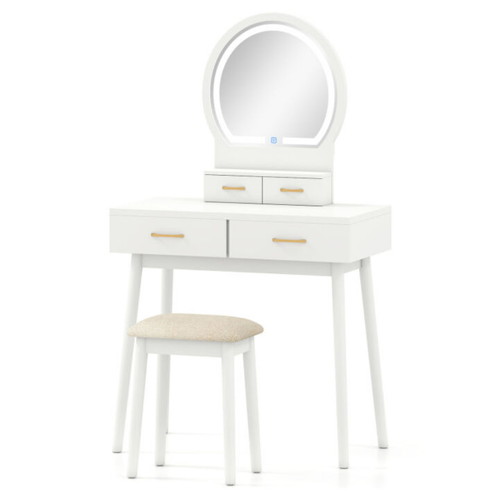 Small Vanity Makeup Dressing Table Set with Cushioned Stool and LED Lighted Mirror