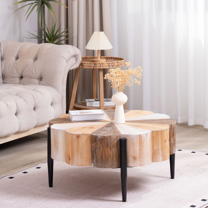 GOODSILO Rustic Flower-Shaped Manufactured Wood Coffee Table with Vintage Distressed Finish and Industrial Metal Legs