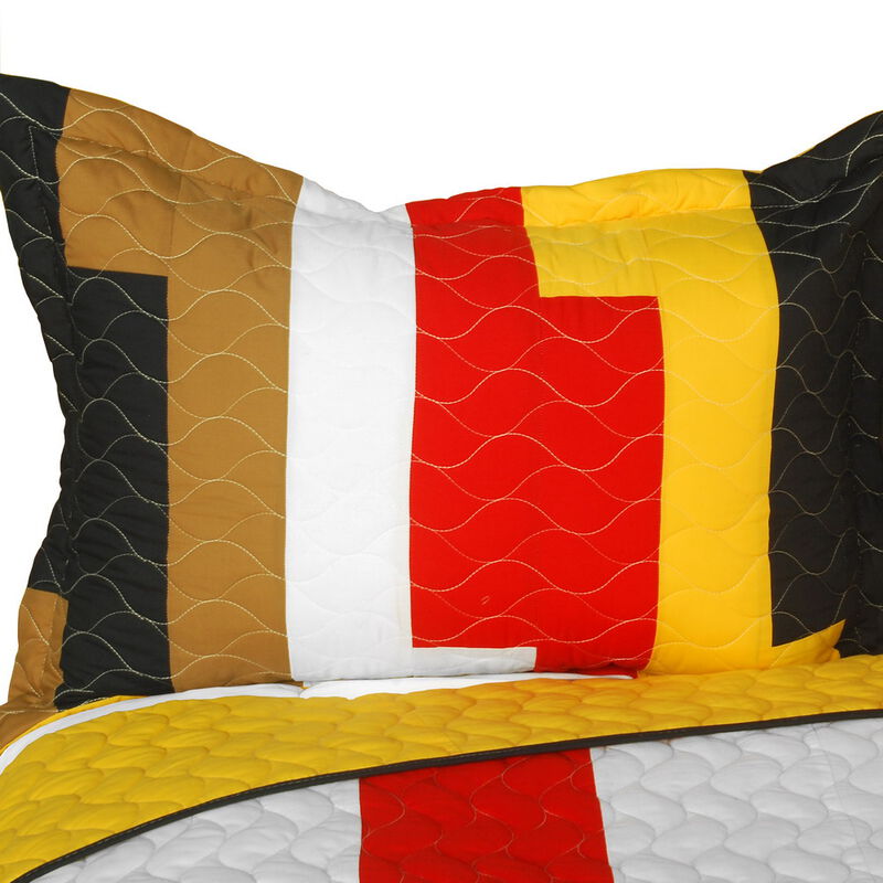 Queen Size Bedding Set 3 Piece Patchwork Striped Quilt with Vermicelli Stitching-yellow image number 2