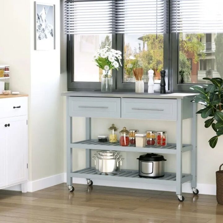Hivvago Light Gray Rolling Kitchen Island 2 Drawers Storage with Stainless Steel Top