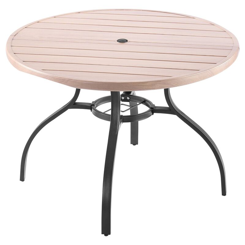 Outdoor Round Bistro Table, Wood-Look Steel Slat Patio Dining Table with Umbrella Hole image number 8