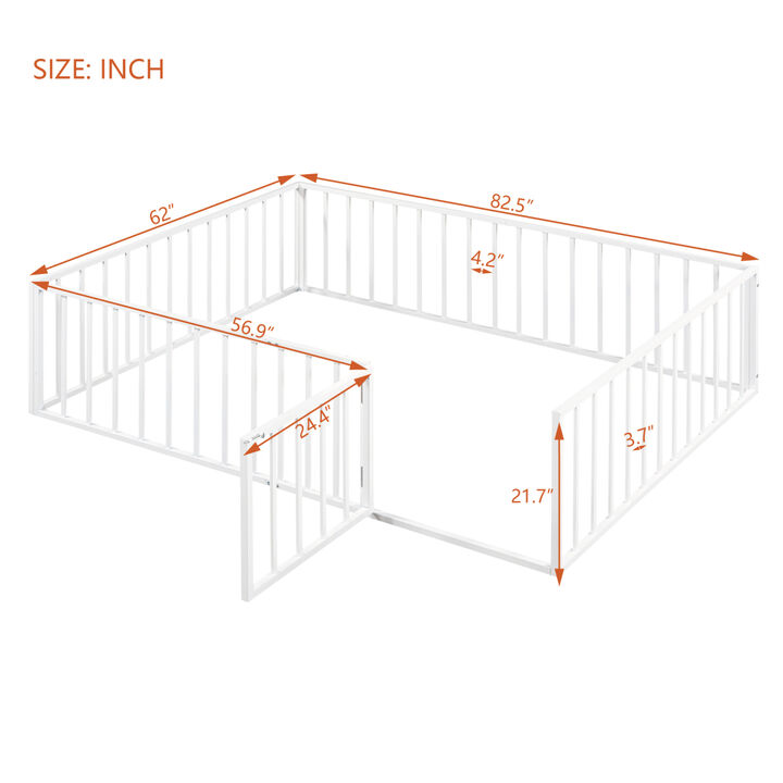 Queen Size Metal Floor Bed Frame with Fence and Door, White