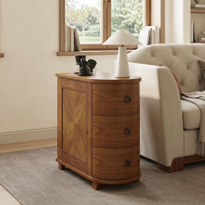 Whisen 23.6" Side Table with Charging Station, 2 Drawers Rubber Wood End Table for Living Room Bedroom
