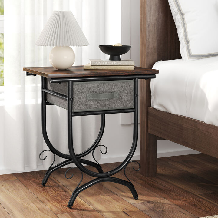 Side Table with Carved Metal Frame and Fabric Drawer for Stylish Living Room Storage
