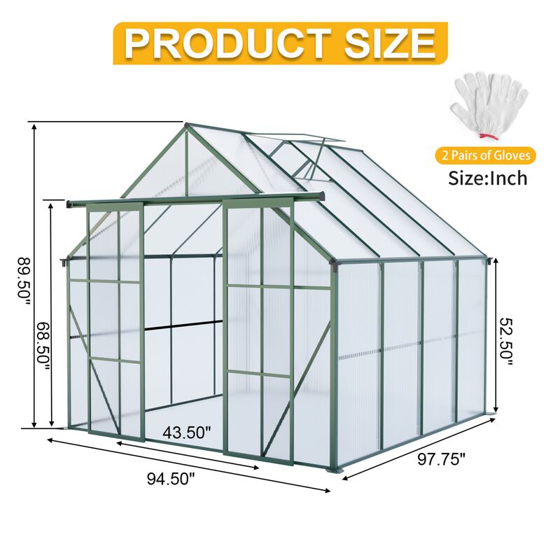 8x8 FT Double Door Polycarbonate Greenhouse Raised Base&Anchor Aluminum Duty Walk-in Greenhouses image number 3