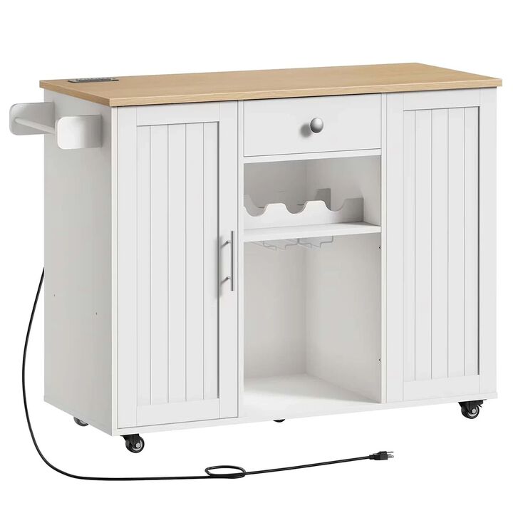 Portable Kitchen Island with Charging Station and Built-In Trash Cabinet-White