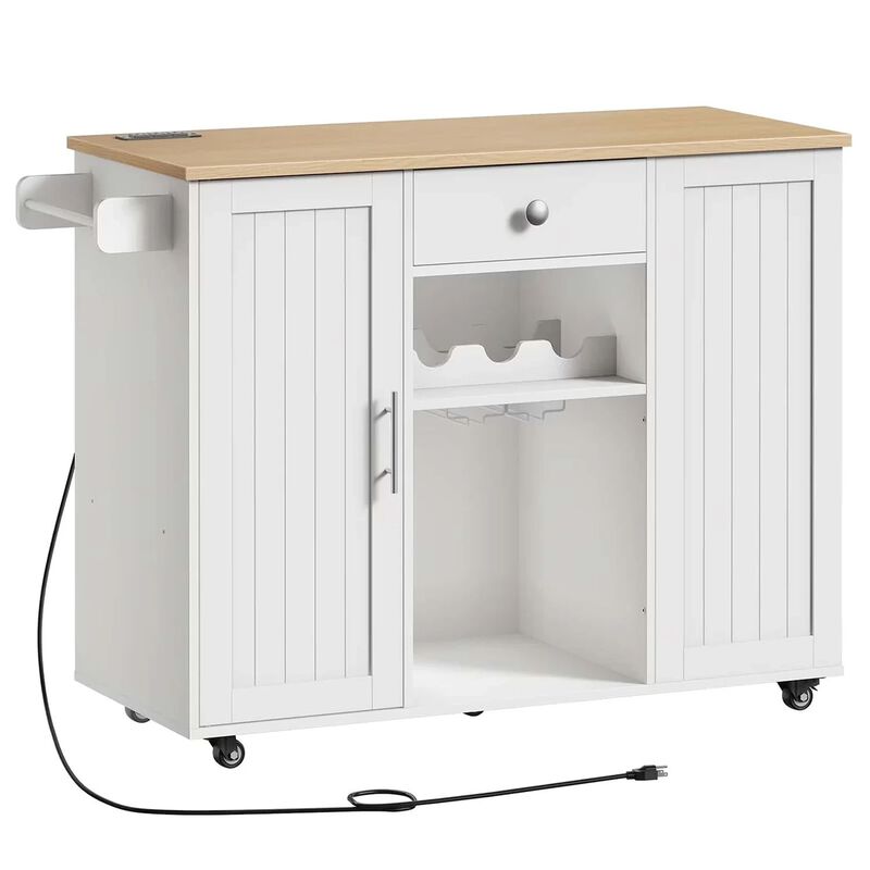 Portable Kitchen Island with Charging Station and Built-In Trash Cabinet-White image number 0