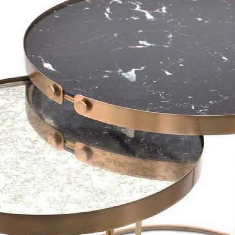 Rica Set of 2 Nesting Side End Tables, Silver Top, Black and Gold Metal - Benzara