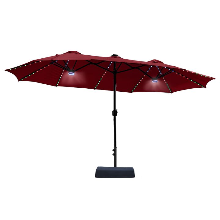 15FT Double-Sided Heavy Duty Solar RGB LED Patio Umbrella with Base, Dual Charging, Crank Handle