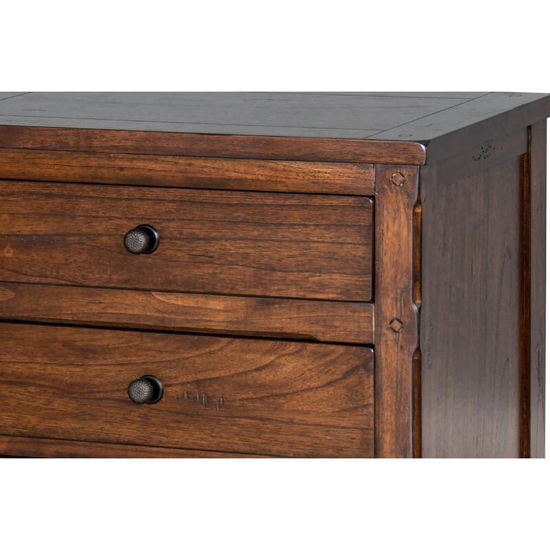 Odell Nightstand, 3 Drawers, Bronze, Rustic Dark Brown Solid Wood - Benzara