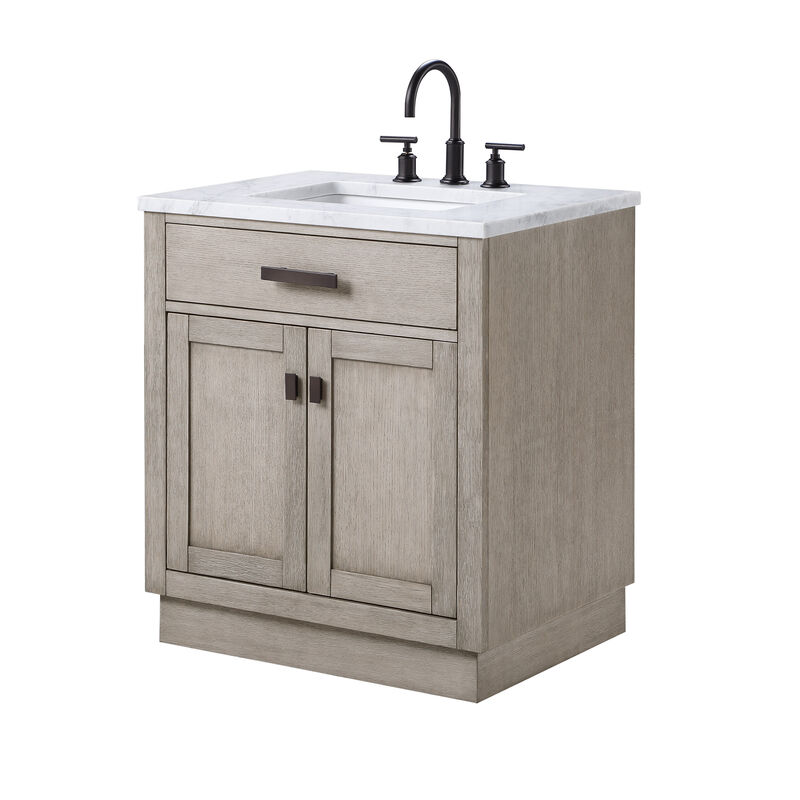 Chestnut 30 In. Single Sink Carrara White Marble Countertop Bath Vanity In Grey Oak with Oil Rubbed Bronze Hardware
