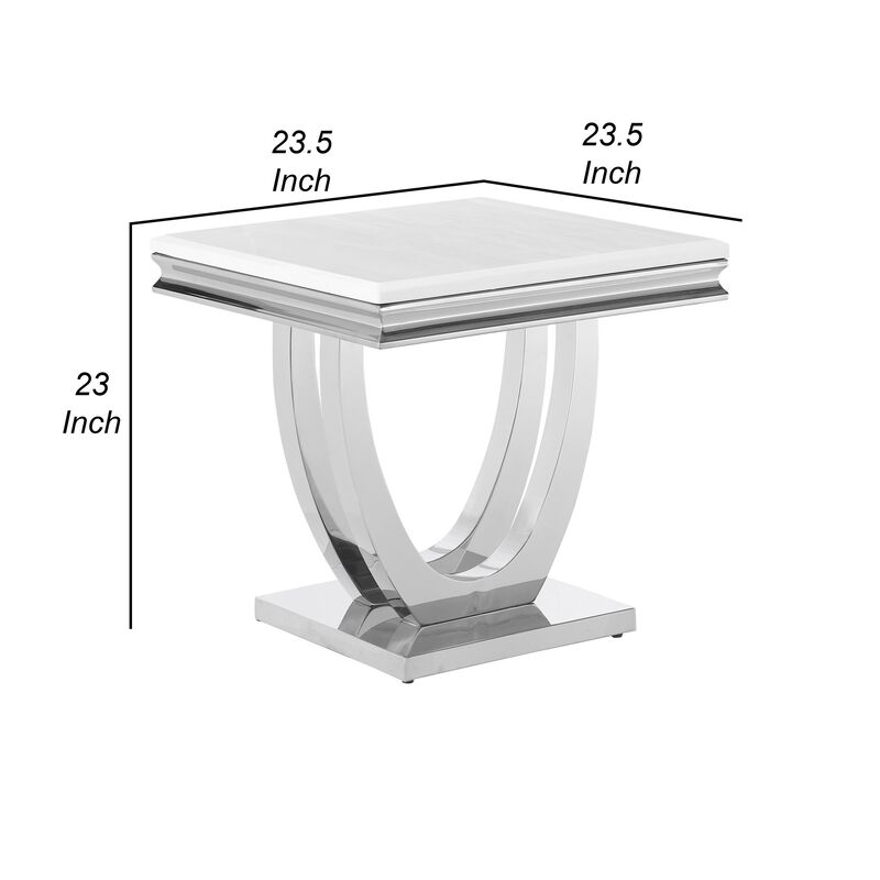 Kas 24 Inch Square End Table, White Stone Top, Polished Chrome Flush Base - Benzara