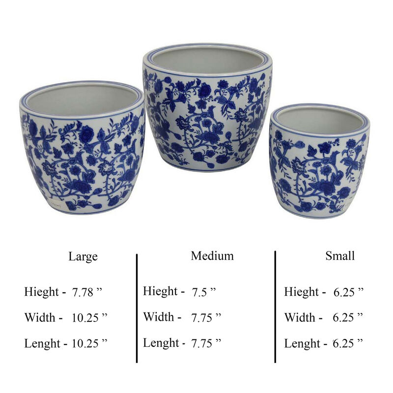 Garden Planter Set of 3, Classical Ceramic Blue White Floral Pattern - Benzara image number 4