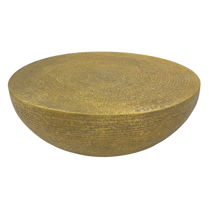 Terminus Coffee Table, 36 Inch Round Bowl Base with Hand Etched Texture, Antique Brass