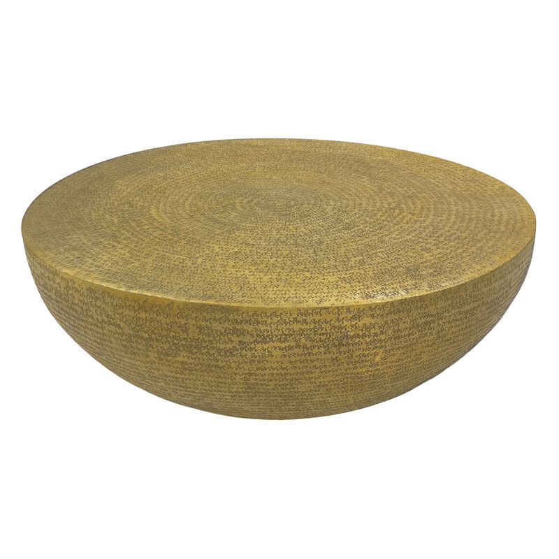 Terminus Coffee Table, 36 Inch Round Bowl Base with Hand Etched Texture, Antique Brass