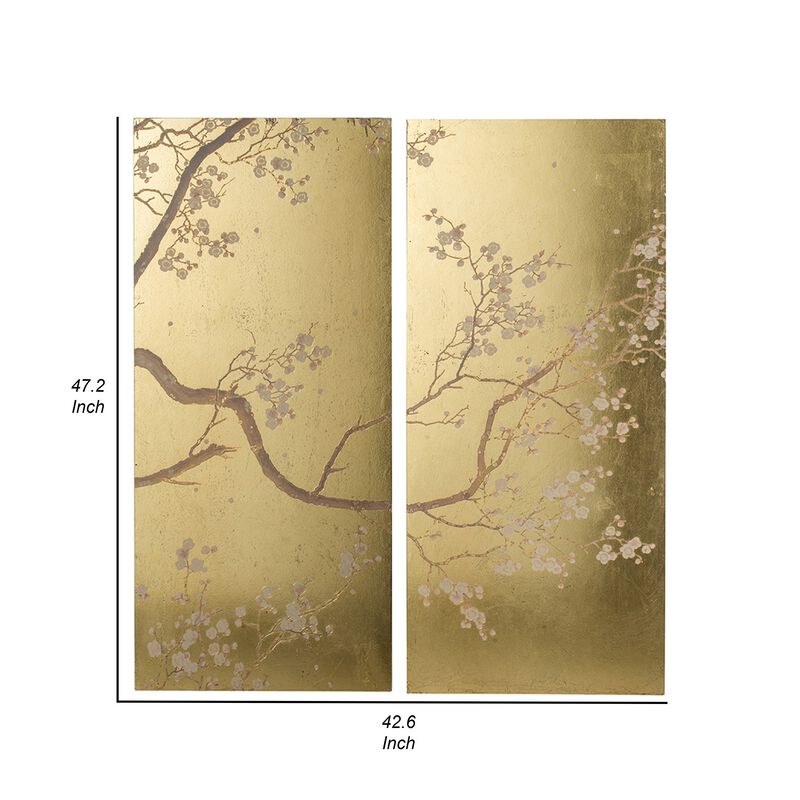 Tim 47 Inch Tall Wall Art Set of 2, Divided Floral Design, Gold, Brown - Benzara