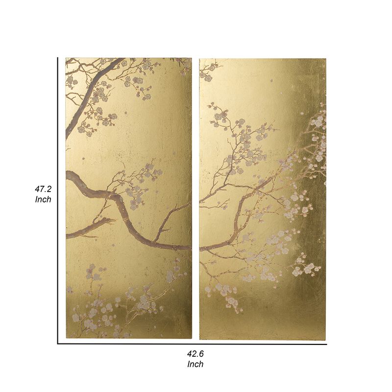 Tim 47 Inch Tall Wall Art Set of 2, Divided Floral Design, Gold, Brown image number 5