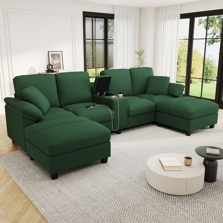Merax Spacious U-Shaped Corduroy Sectional with Storage & Console