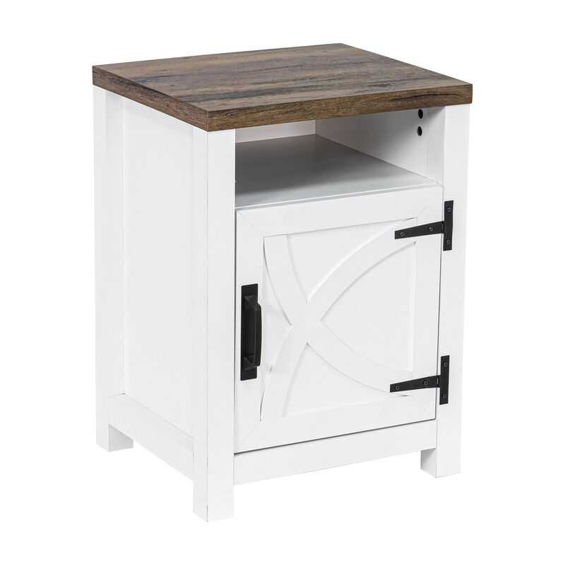Farmhouse Barn Door Nightstand End Table with Adjustable Shelves