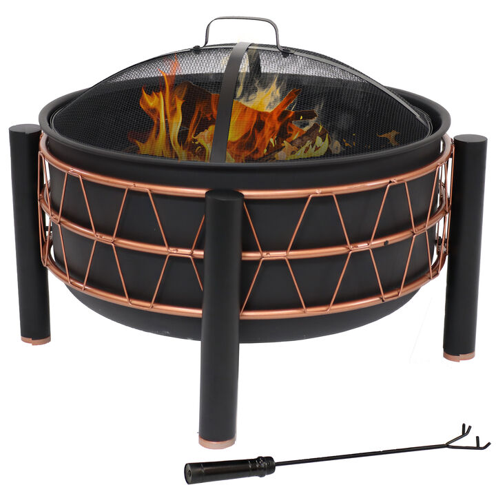 Sunnydaze 24.5 in Steel Fire Pit with Trapezoid Pattern and PVC Cover - Black