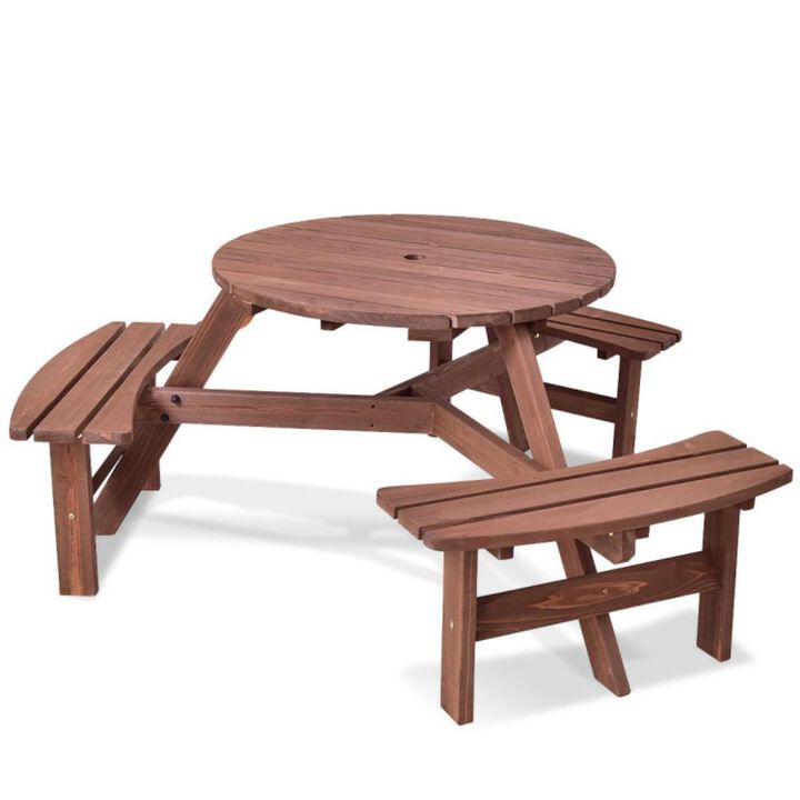 Hivvago 6 Person Wooden Picnic Table Set with Bench and Umbrella Hold