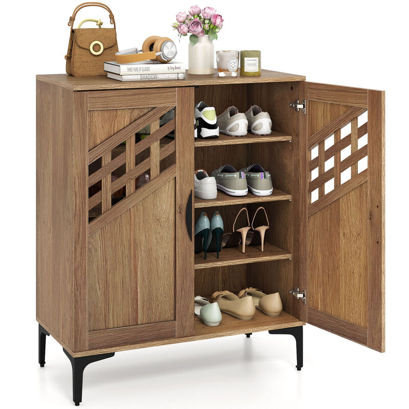 Farmhouse 4-Tier Shoe Storage Cabinet with Metal Legs and Removable Shelves - Walnut & White image number 3