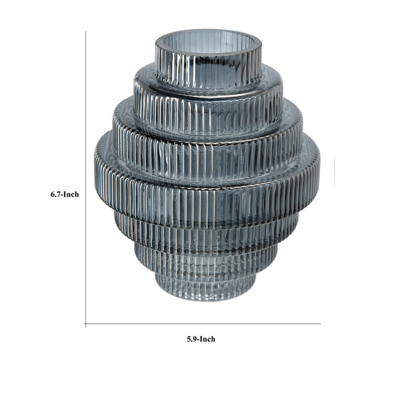 Rae Set of 2 Glass Vases, Geometric Round, Smokey Blue and Clear Finish - Benzara