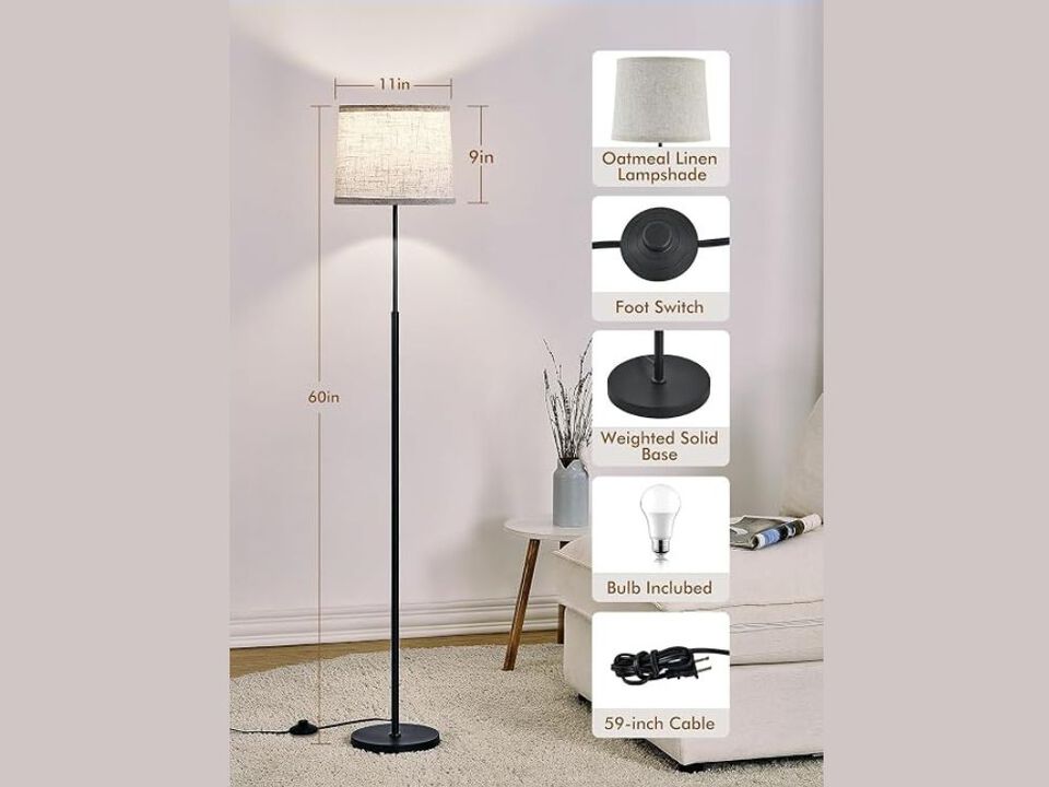 Modern Floor Lamp 60 Inch Black Standing Light with Linen Shade Bulb Included