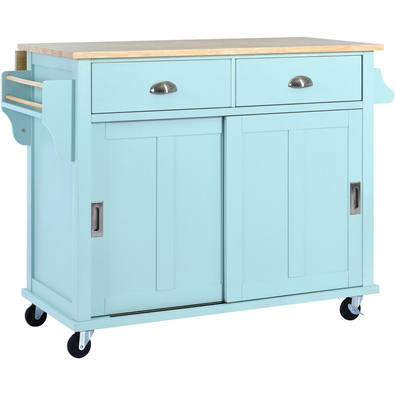 Kitchen Cart with Rubber wood Drop-Leaf Countertop, Concealed sliding barn door adjustable height, Kitchen Island on 4 Wheels with Storage Cabinet and 2 Drawers, L52.2xW30.5xH36.6 inch, Mint Green