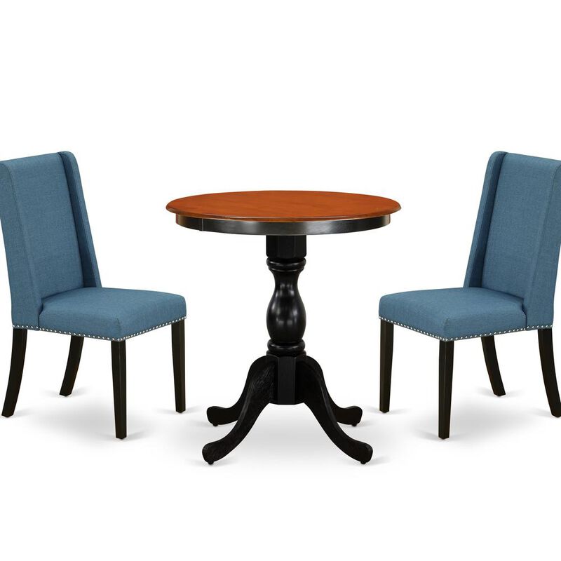 East West Furniture 3-Piece Dining Table Set Consist of Dining Room Table and 2 Blue Linen Fabric Padded Chairs with Stylish High Back - Black Finish