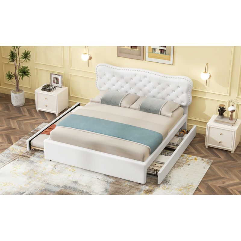 Queen Size Upholstery Platform Bed with Storage Drawers and Trundle, White