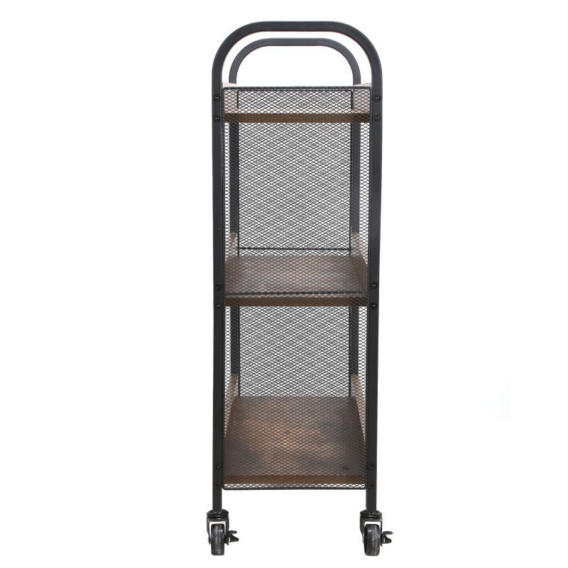 3 Tier Wood and Metal Kitchen Cart with Mesh Side Panel, Brown and Black