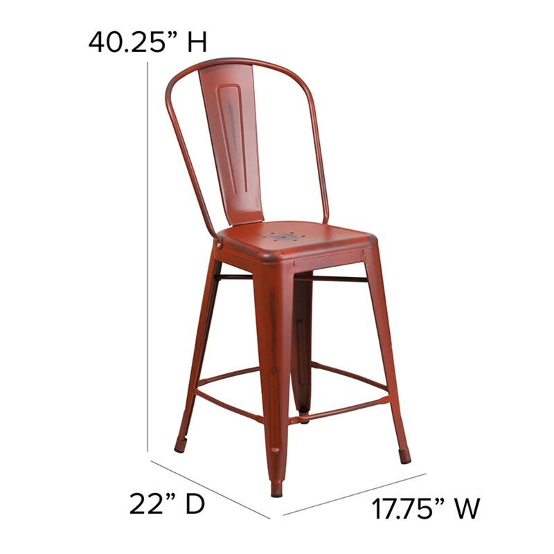 Flash Furniture Carly Commercial Grade 24" High Distressed Kelly Red Metal Indoor-Outdoor Counter Height Stool with Back