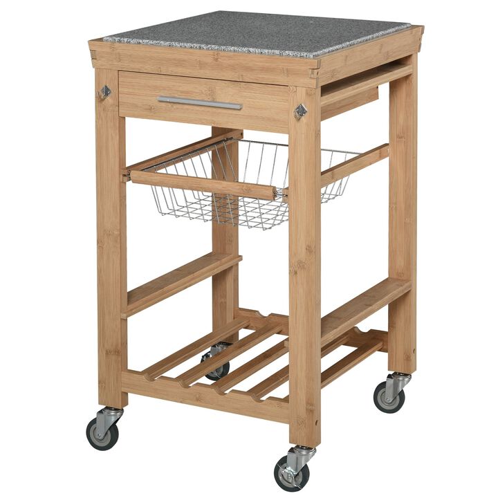 Bamboo Rolling Kitchen Island Trolley Storage Cart with Granite Top, a Slide-Out Basket & Wine Storage Rack