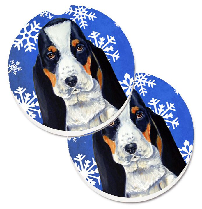 Caroline's Treasures Basset Hound Winter Snowflakes Holiday Set of 2 Cup Holder Car Coasters LH9284CARC, 2.56, Multicolor