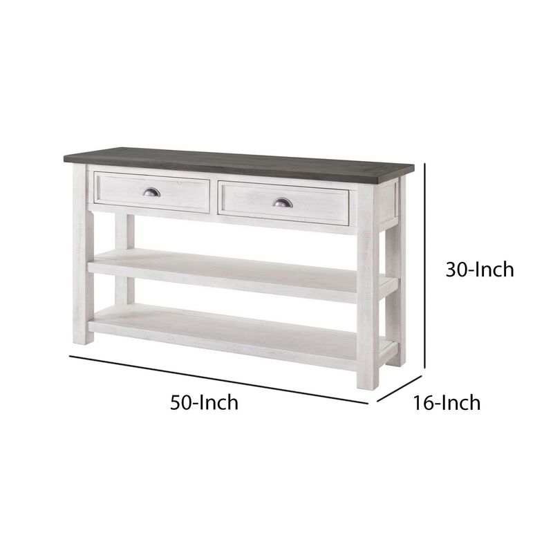 Coastal Rectangular Wooden Console Table with 2 Drawers, White and Gray-Benzara
