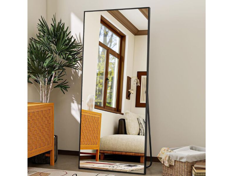 Full Length Floor Mirror 57x21 inch Black Aluminum Frame Standing Wall Mirror image number 1