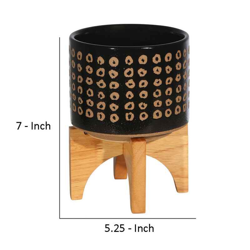 Planter with Wooden Stand and Abstract Design, Small, Black-Benzara