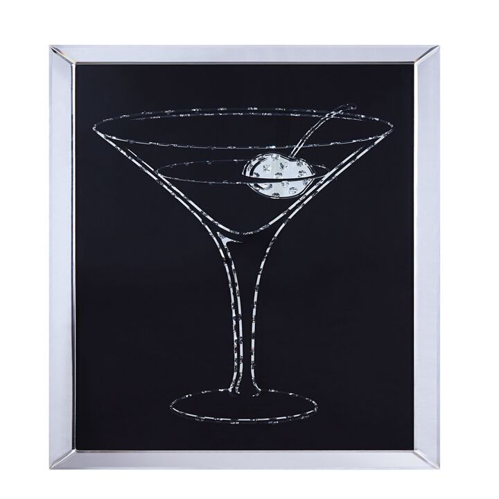 Wood and Mirror Martini Glass Wall Art, Clear and Black-Benzara