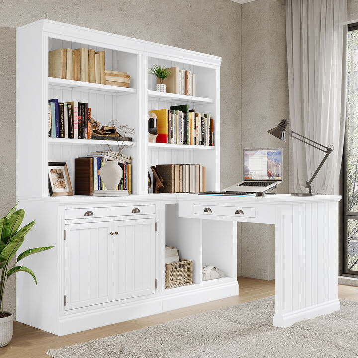 Merax 83.4"Tall Bookshelf &Writting Desk Suite,Modern Bookcase Suite with LED Lighting, Drawers,Doors,Study Desk and Open Shelves,2-Piece Set for Living Room.