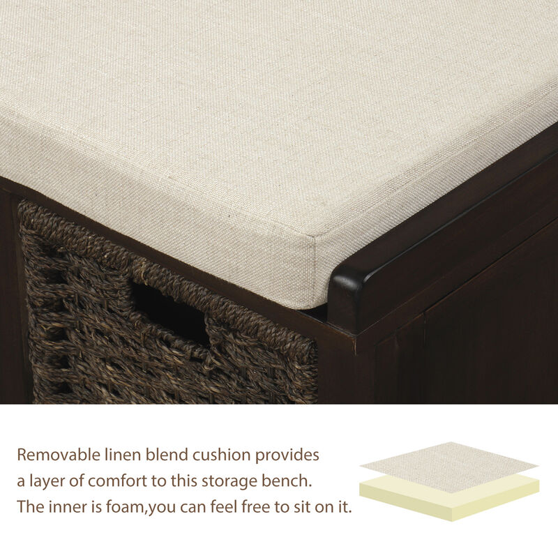 Whisen Rustic Storage Bench with Removable Cushion and 3 Removable Fabric Basket - White