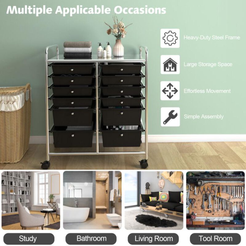 Hivvago 12-Drawer Rolling Storage Cart with Removable Drawers and Lockable Wheels