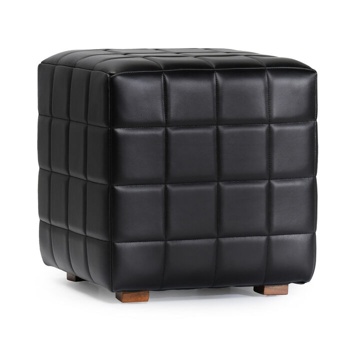 Isar Square Ottoman with Black Tufted Leather, Mango Wood 18 Inch - Benzara