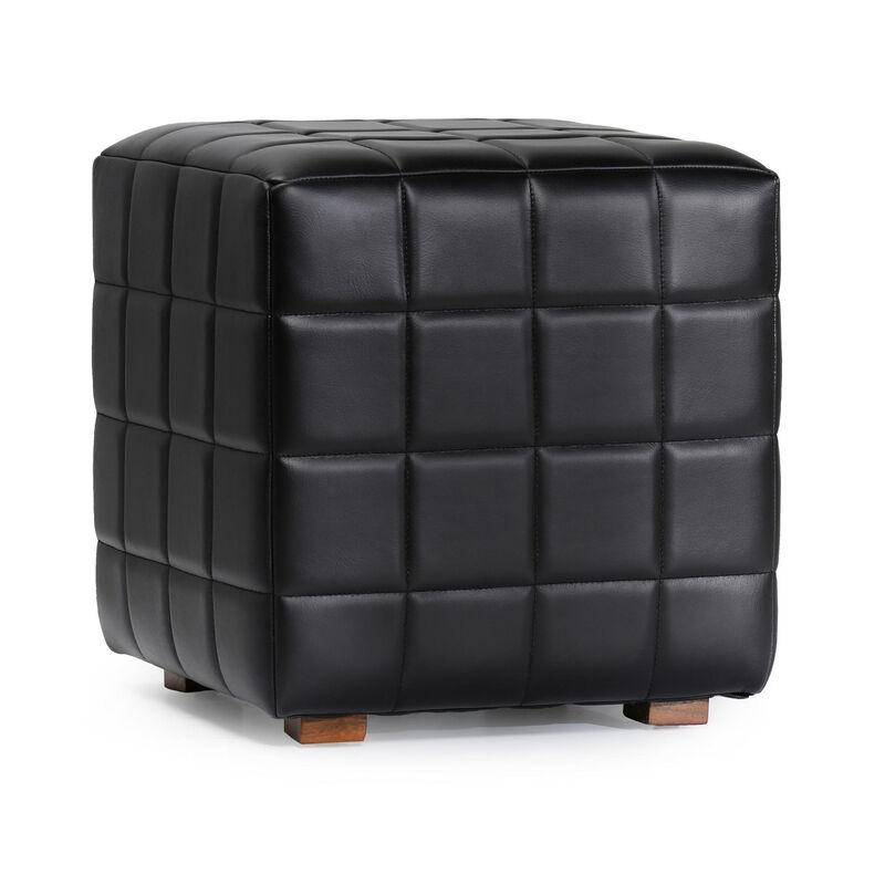 Isar Square Ottoman with Black Tufted Leather, Mango Wood 18 Inch - Benzara
