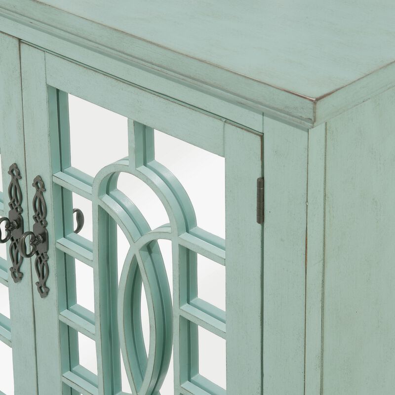 Trellis Front Wood and Glass TV stand with Cabinet Storage, Mint Green-Benzara