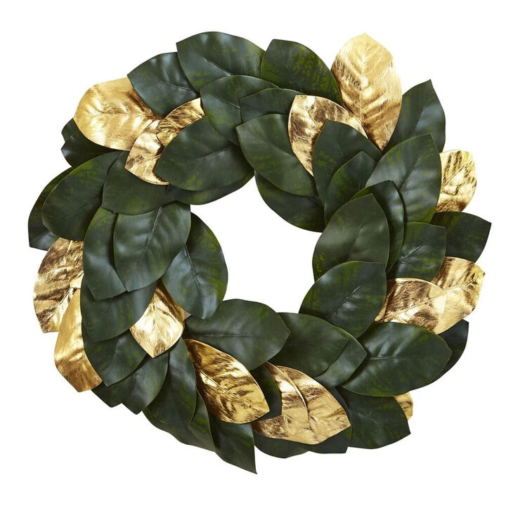Nearly Natural 22-in Golden Leaf Magnolia Wreath