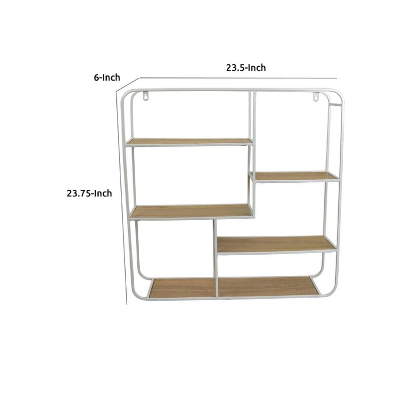 Decorative Wall Shelf with 6 Staggered Wood Racks, White Metal 24 Inch - Benzara