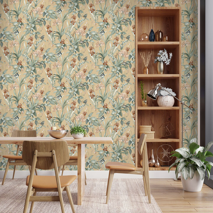 Mint Birds and Dragonflies Botanical Wallpaper