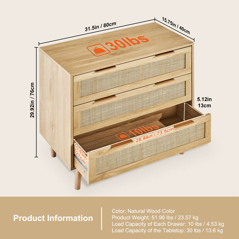 3 Drawer Rattan Dresser Chest of Drawers with Storage for Bedroom Living Room Hallway image number 4